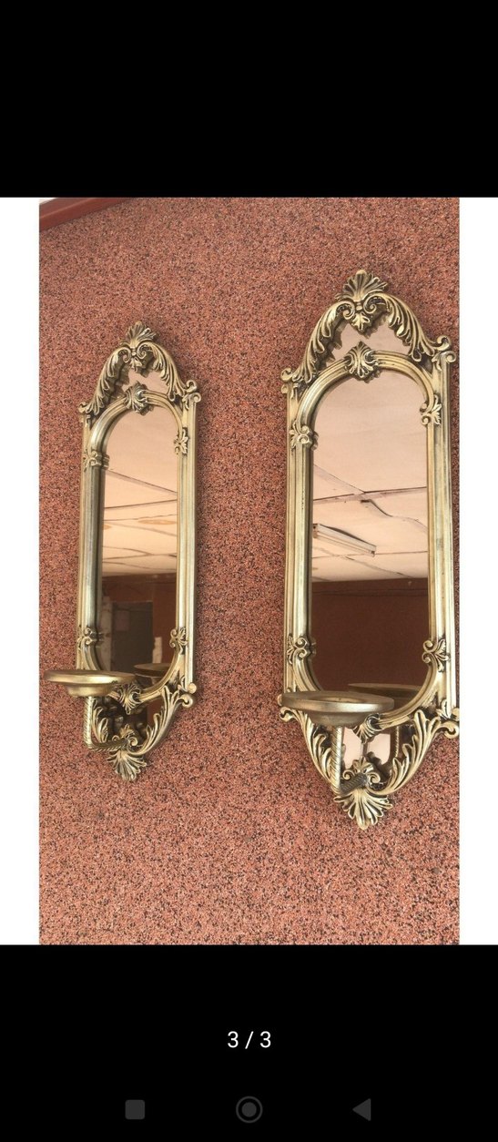 Parlak Altın Renkli Dekoratif pirinc duvar aynasi ve mumluk - Görsel 3