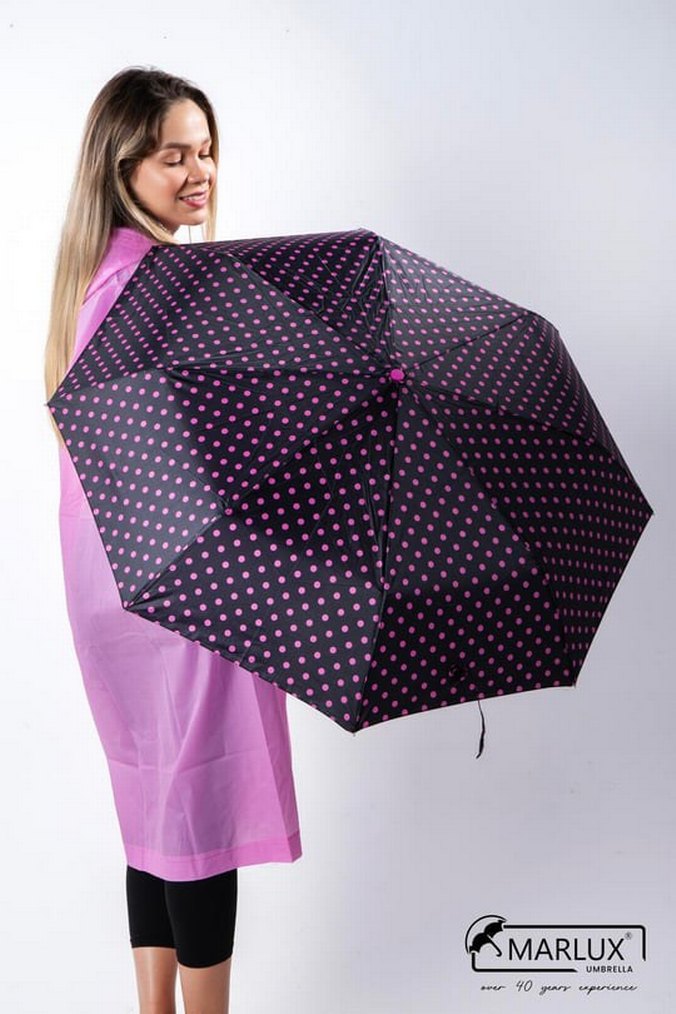 Siyah Pembe Puantiyeli Tam Otomatik Kadın Şemsiye - Görsel 3