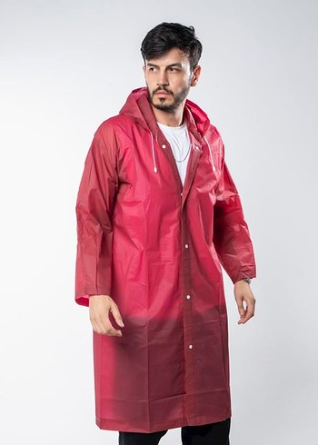 Bordo Kapüşonlu Uzun Kadın Yağmurluk - Görsel 5