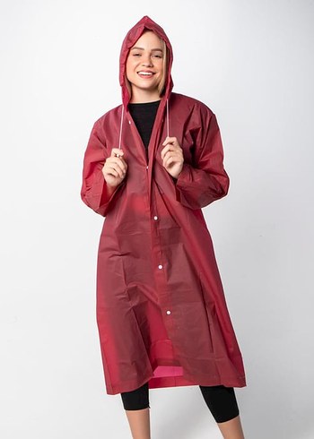 Bordo Kapüşonlu Uzun Kadın Yağmurluk - Görsel 2