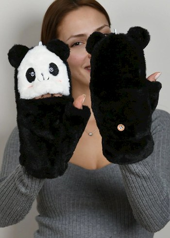Siyah Peluş Panda Detaylı Kadın Eldiven - Görsel 2