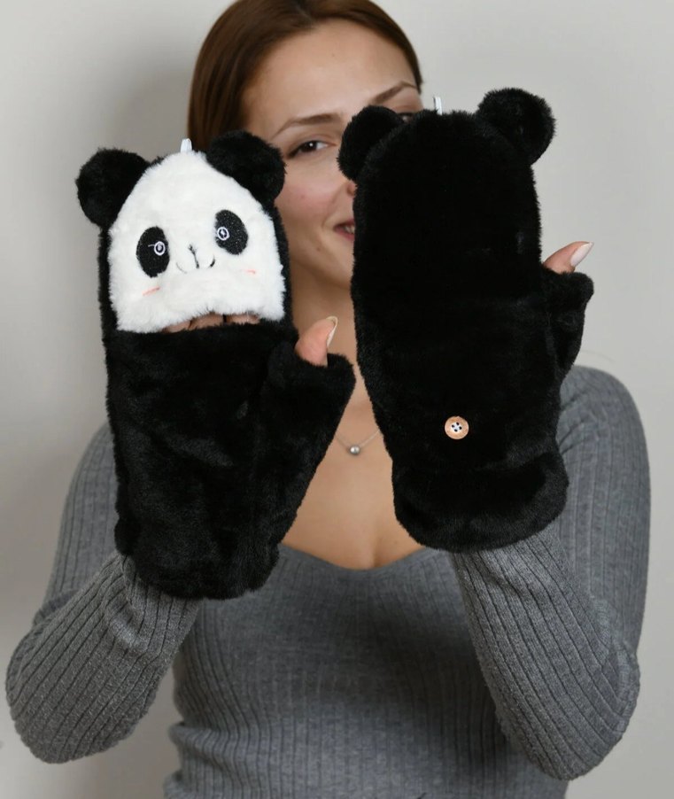 Siyah Peluş Panda Detaylı Kadın Eldiven - Görsel 2