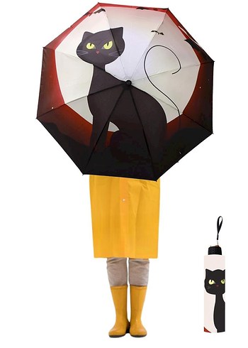 Kedi Desenli Siyah Kadın Şemsiye Manuel Yarasa Model - Görsel 2