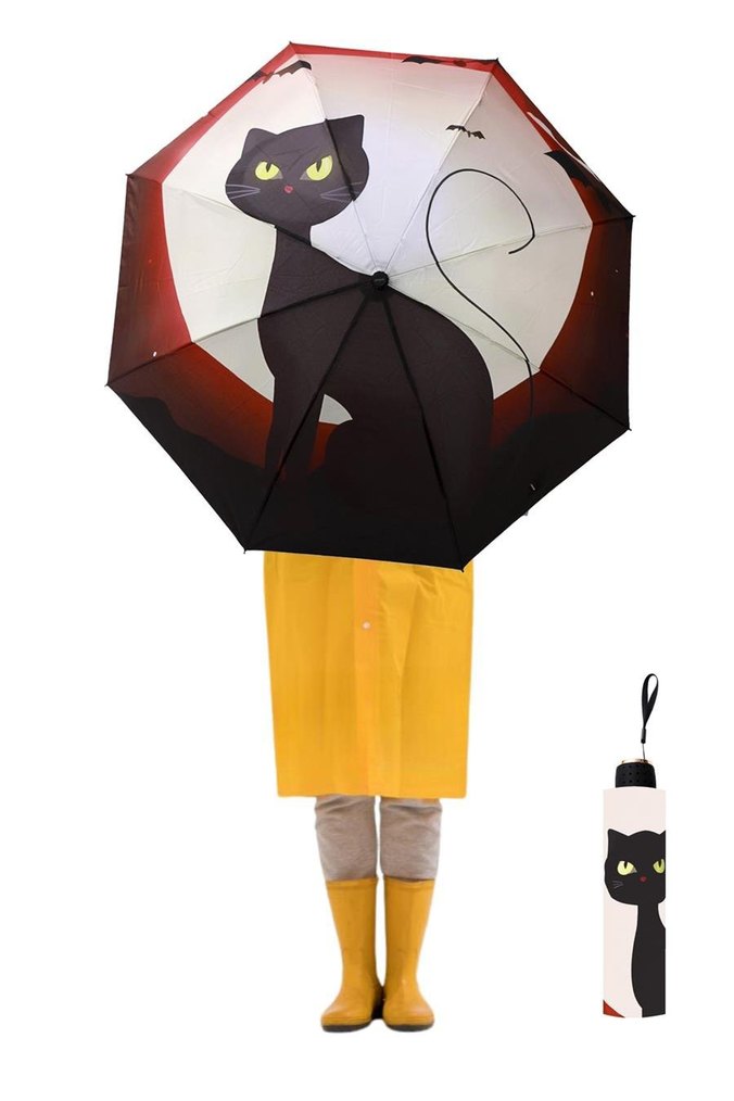 Kedi Desenli Siyah Kadın Şemsiye Manuel Yarasa Model - Görsel 2