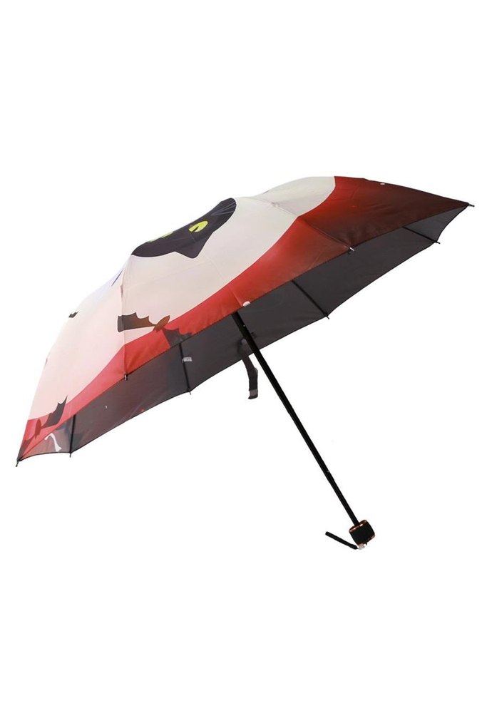 Kedi Desenli Siyah Kadın Şemsiye Manuel Yarasa Model - Görsel 3