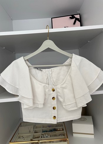 xs Beden Beyaz fırfır kollu mini üst