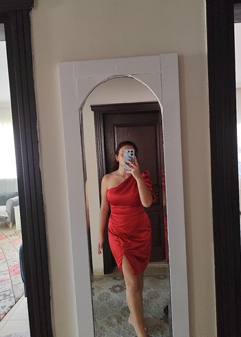 Kırmızı Drapeli Straplez Midi Elbise - Görsel 2