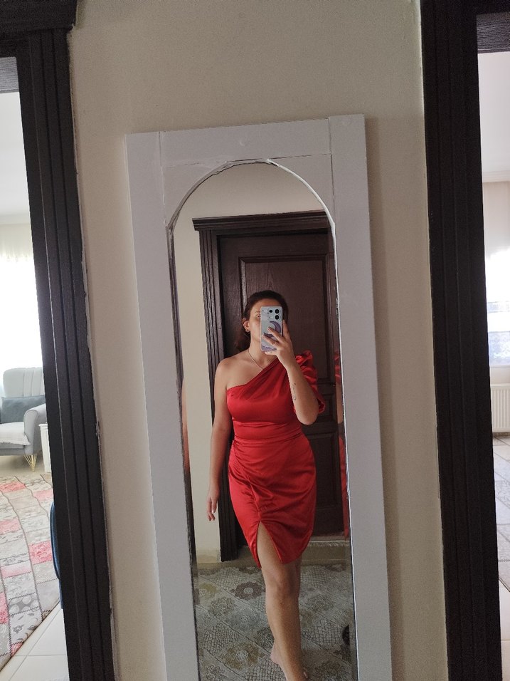 Kırmızı Drapeli Straplez Midi Elbise - Görsel 3