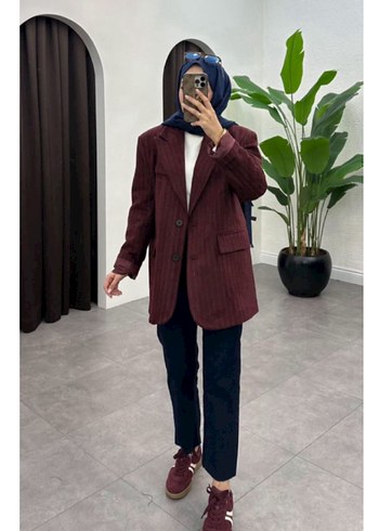 Zara Bordo İnce Cizgili Oversize Blazer Ceket