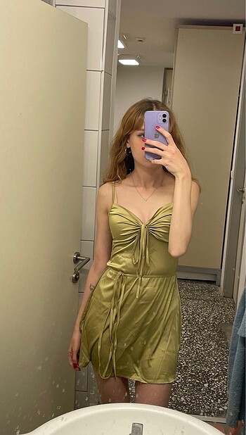 s Beden yeşil Renk Saten Yeşil Mini Elbise