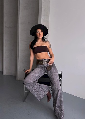 Desenli Gri Wide Leg Pantolon Lovenay.co L Beden - Görsel 2