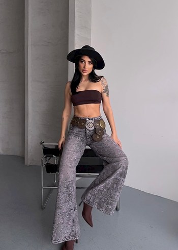 Desenli Gri Wide Leg Pantolon Lovenay.co L Beden - Görsel 3