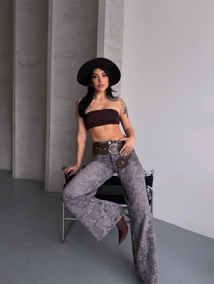 Desenli Gri Wide Leg Pantolon Lovenay.co L Beden - Görsel 2