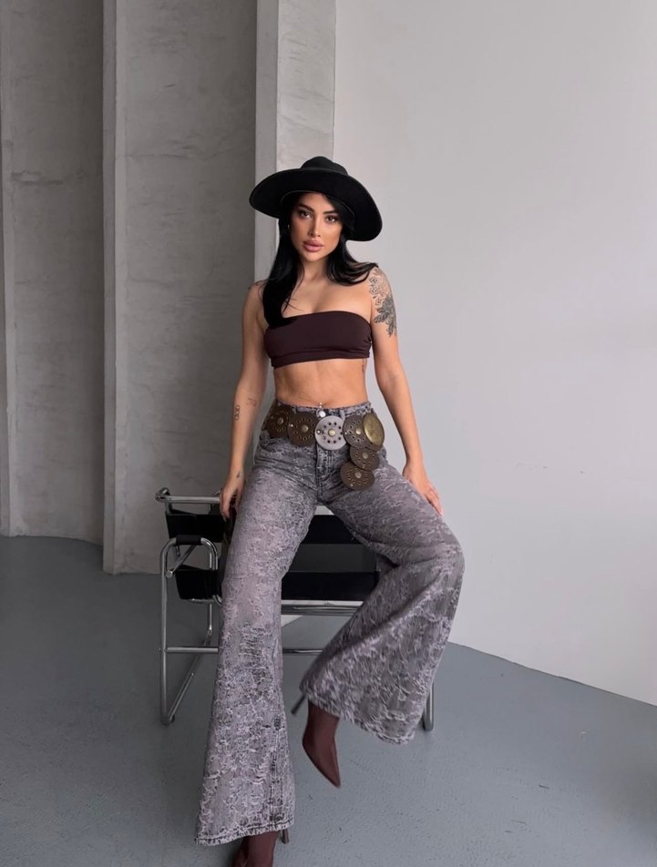 Desenli Gri Wide Leg Pantolon Lovenay.co L Beden - Görsel 3