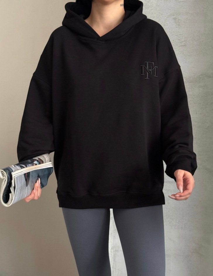 Siyah Kadın Kapüşonlu Oversize Sweatshirt Hoodie Lovenay.co - Görsel 2