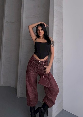 Desenli Kırmızı Wide Leg Pantolon Lovenay.co L Beden - Görsel 3