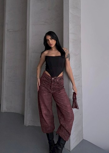 Desenli Kırmızı Wide Leg Pantolon Lovenay.co L Beden - Görsel 2