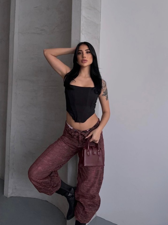 Desenli Kırmızı Wide Leg Pantolon Lovenay.co L Beden - Görsel 4