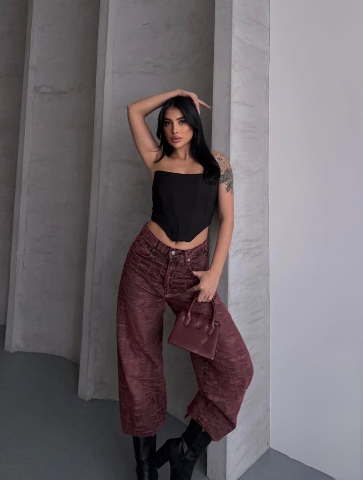 Desenli Kırmızı Wide Leg Pantolon Lovenay.co L Beden - Görsel 3