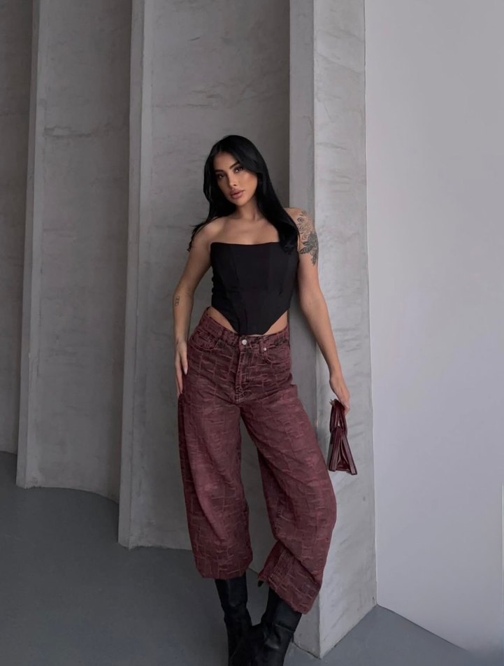 Desenli Kırmızı Wide Leg Pantolon Lovenay.co L Beden - Görsel 2