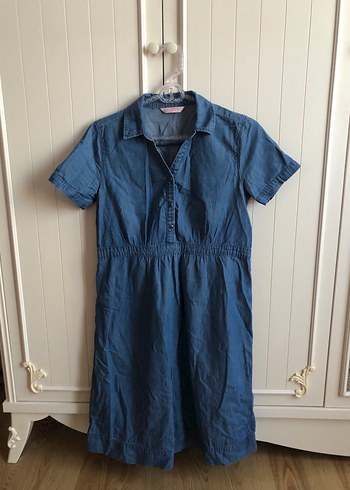 Düğmeli Lacivert Kısa Kollu Midi Kot Elbise - Görsel 2