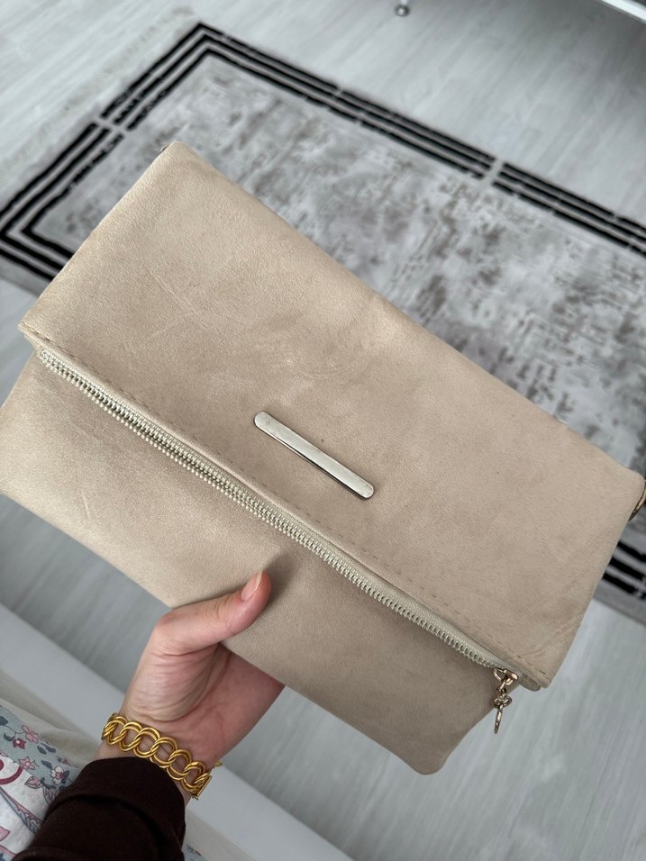 Bej Süet Fermuarlı Kadın Portföy Çanta - Görsel 2
