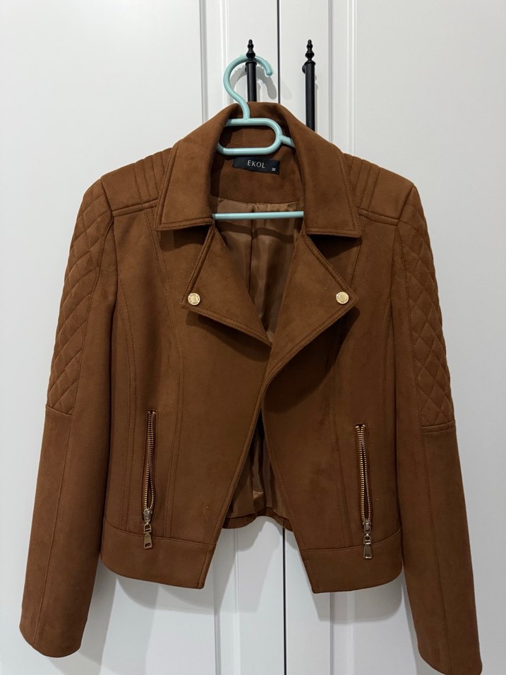 Ekol Kahverengi Süet Kadın Deri Ceket - Görsel 2