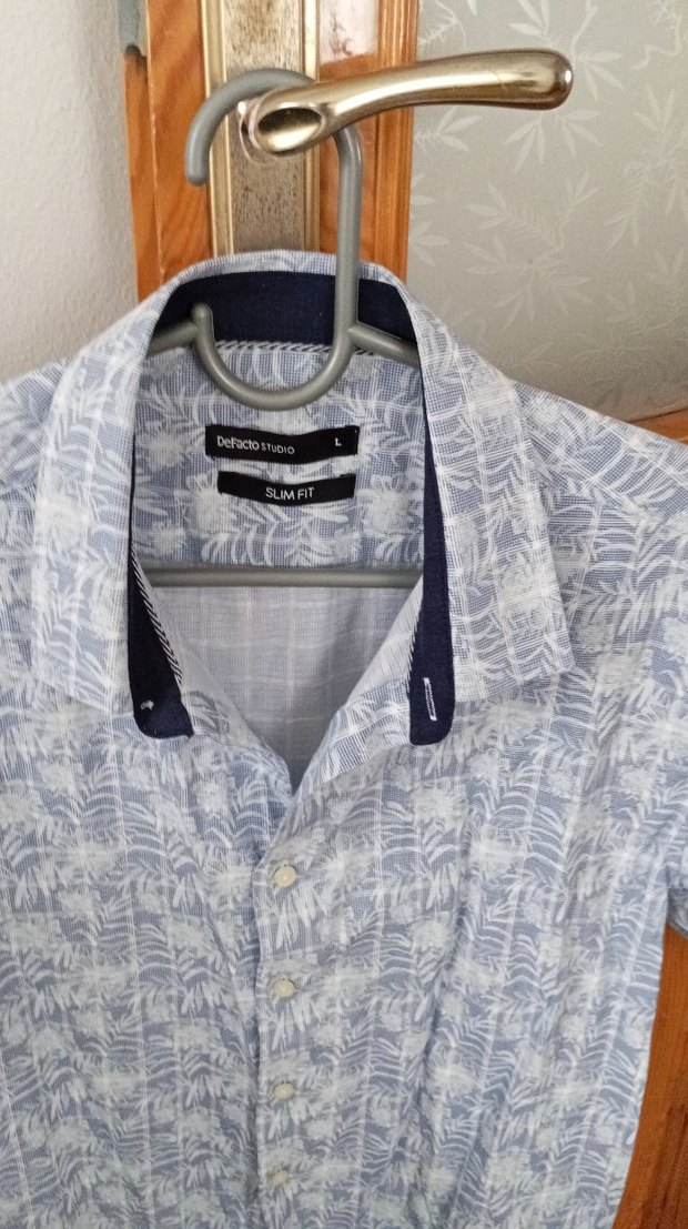 Pamuklu Mavi Desenli Kısa Kollu Erkek Gömlek - Görsel 2