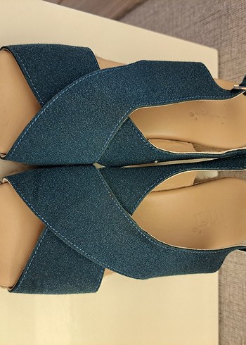 Mavi Kadın Dolgu Topuklu Sandalet hakiki deri inci - Görsel 7