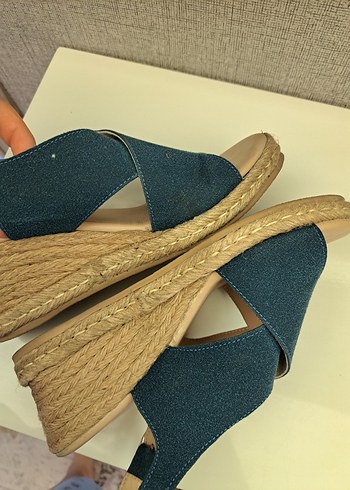 38 Beden Mavi Kadın Dolgu Topuklu Sandalet hakiki deri inci