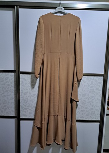 Drapeli Bej Uzun Kadın Elbise - Görsel 5
