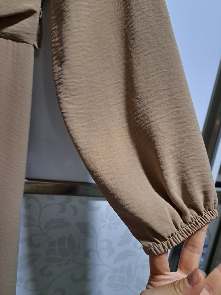 Drapeli Bej Uzun Kadın Elbise - Görsel 4