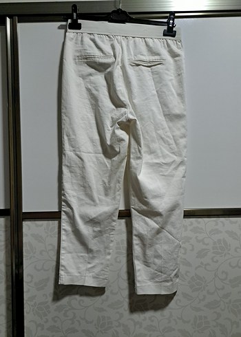 Beyaz Keten Midi Kumaş Kadın Pantolon - Görsel 3