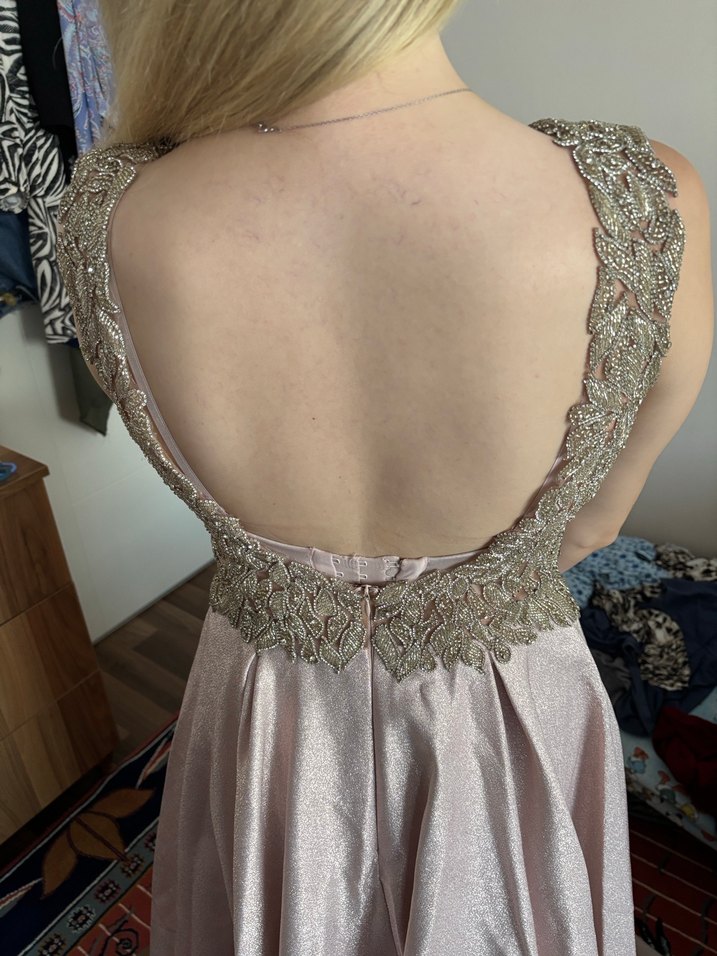 İşlemeli V Yaka Uzun Pudra Abiye Elbise - Görsel 5