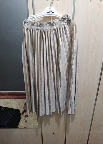 Bej Renkli Pilili Uzun Keten Etek - Görsel 2