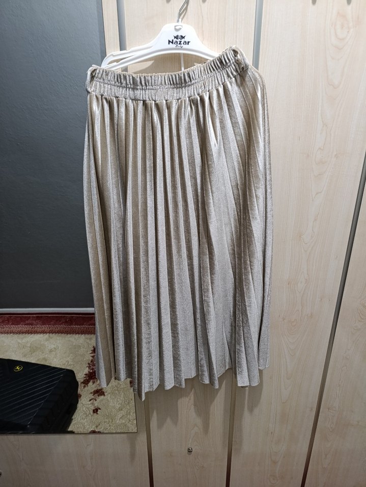 Bej Renkli Pilili Uzun Keten Etek - Görsel 2