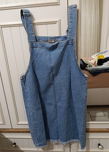 Kadın Mavi Denim Askılı Midi Tulum - Görsel 5