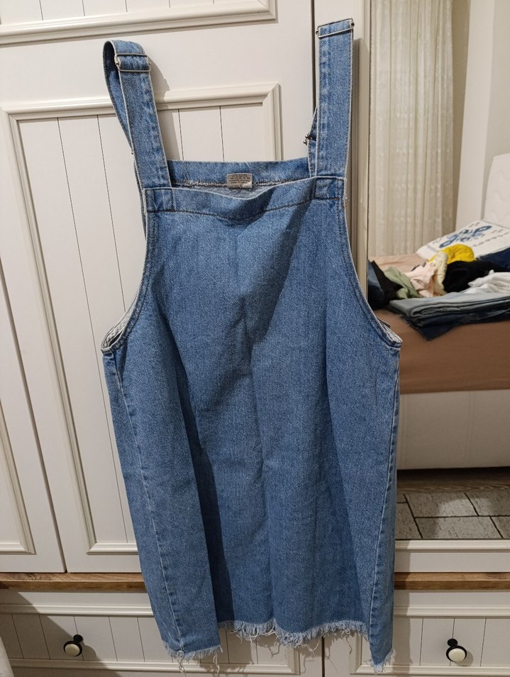 Kadın Mavi Denim Askılı Midi Tulum - Görsel 5