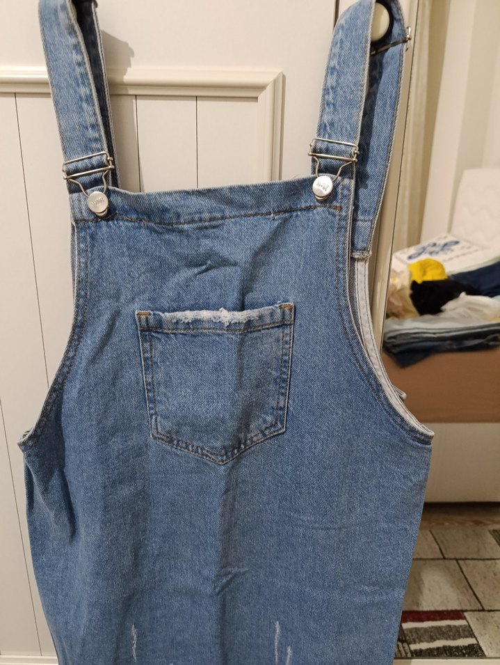 Kadın Mavi Denim Askılı Midi Tulum - Görsel 2