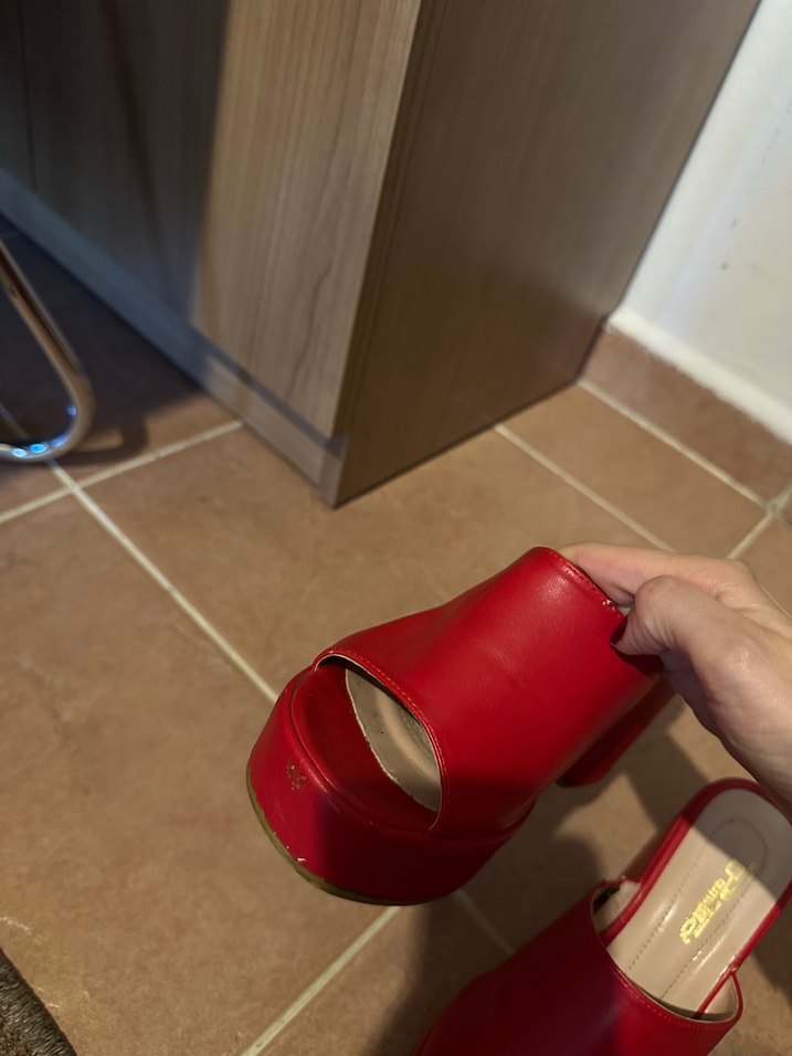 Gerçek punto deri kırmızı dolgu topuk terlik - Görsel 5