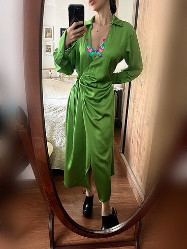 Yeşil Kimono Mango Uzun Elbise