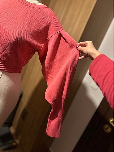 Pembe karpuz kol triko crop kazak - Görsel 2