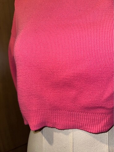 Pembe karpuz kol triko crop kazak - Görsel 4