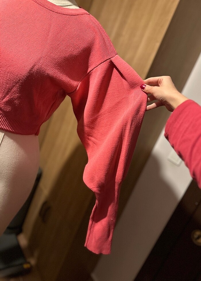 Pembe karpuz kol triko crop kazak - Görsel 2