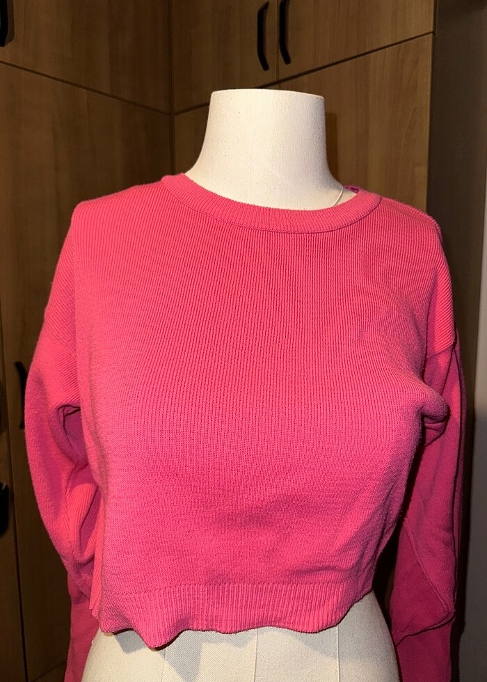 Pembe karpuz kol triko crop kazak - Görsel 3