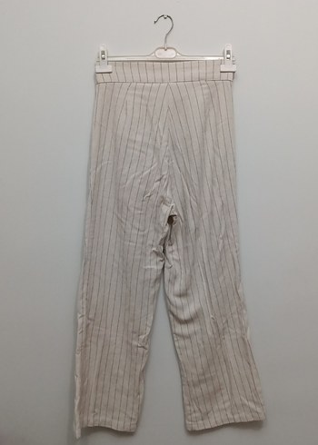 Bej Çizgili Keten Midi Kadın Pantolon - Görsel 2