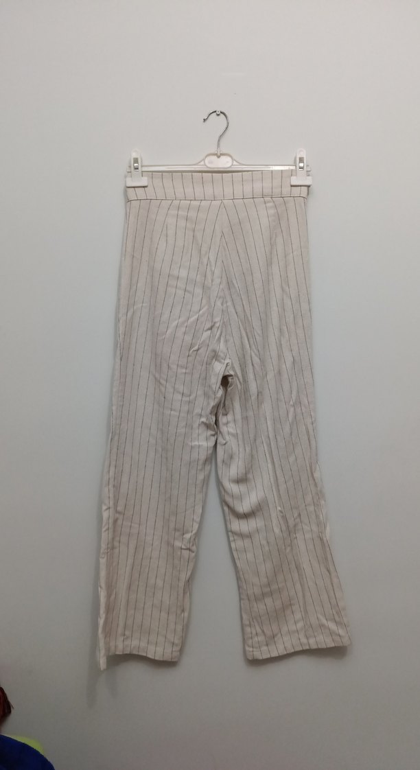 Bej Çizgili Keten Midi Kadın Pantolon - Görsel 2