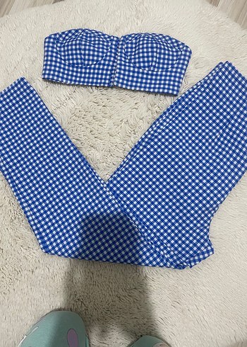 Düğmeli Mavi Kareli Straplez Mini Büstiyer - Görsel 2