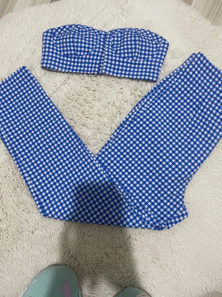 Düğmeli Mavi Kareli Straplez Mini Büstiyer - Görsel 2