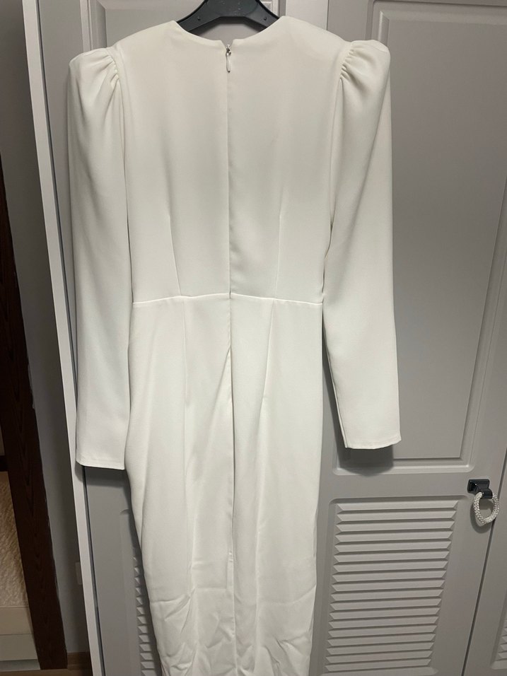 Beyaz Uzun Kollu Drapeli Kadın Elbise - Görsel 2